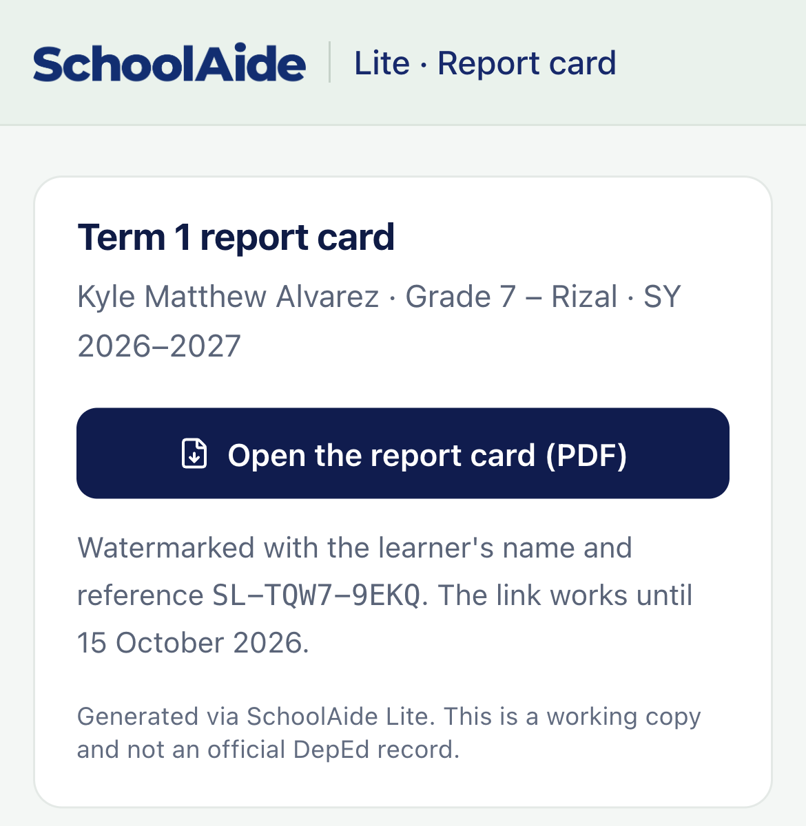 A parent's card link on a phone: the term report card to open, with its reference and expiry date