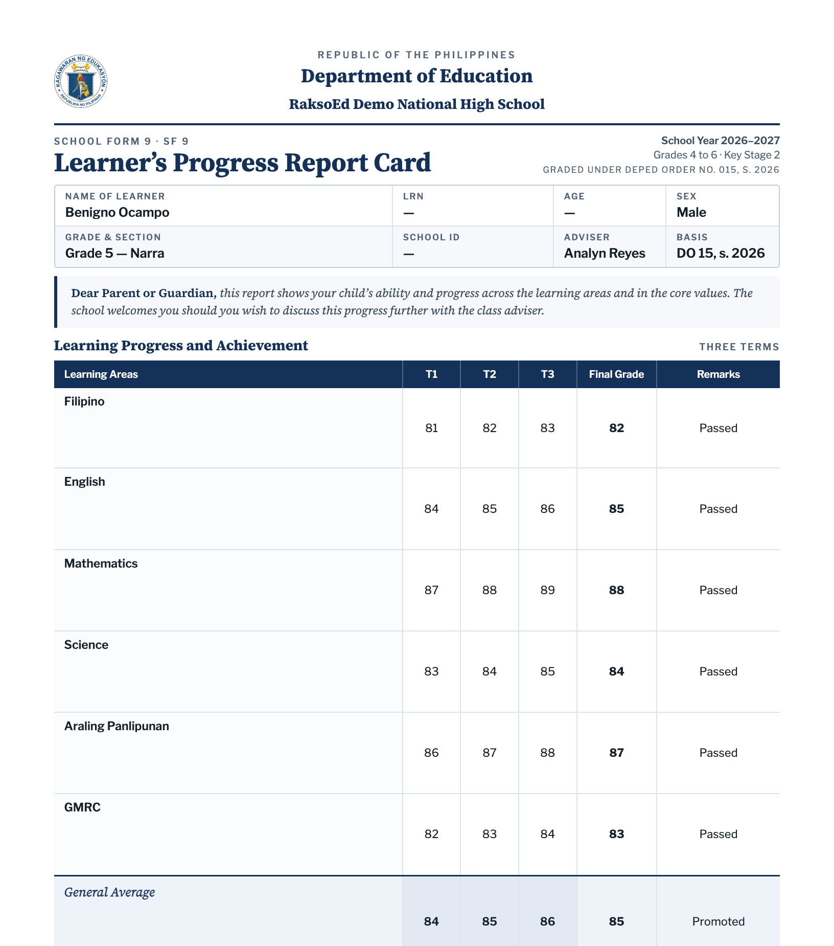 An SF9 Learner's Progress Report Card in the DepEd layout, filled in from the gradebook